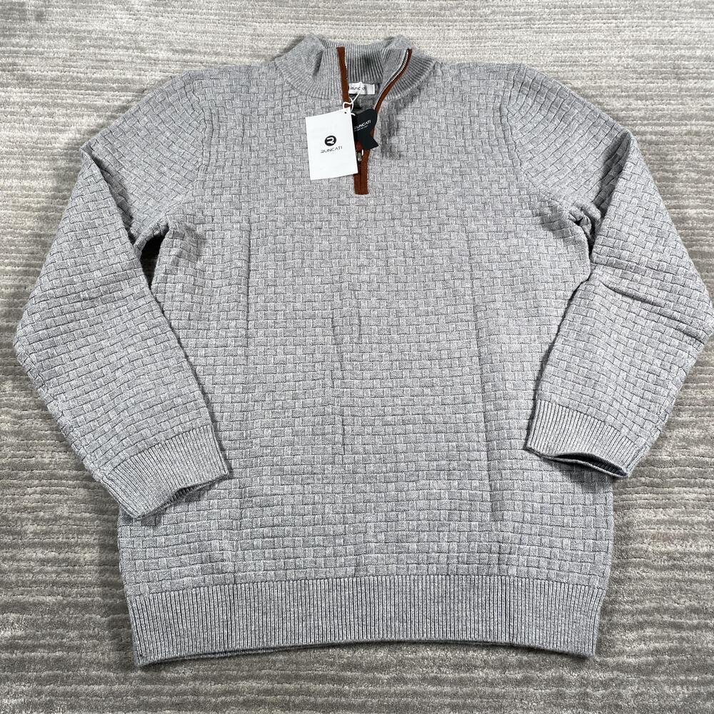 Runcati Sweater Mens Large Gray 1/4 Zip Mock Neck Waffle Knit Pullover Casual